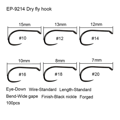 Eupheng 50pcs Competition Barbless Fly Fishing Hook Tying Materails Dry Nymph Shirmp Wet Caddis Fly Hook Black Nickle