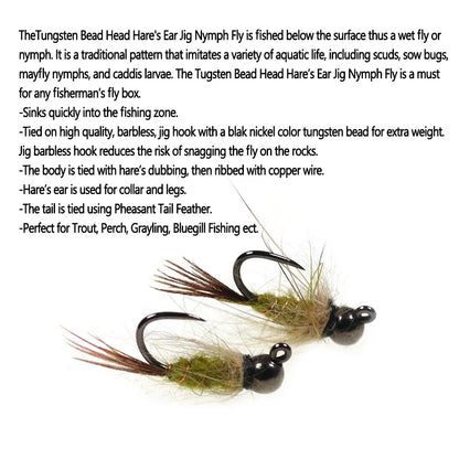 Bimoo 6pcs #14 Tungsten Bead Head Hare's Ear Jig Nymph Fly Barbless Fast Sinking Wet Euro Nymph Fly Trout Fishing Lures Baits
