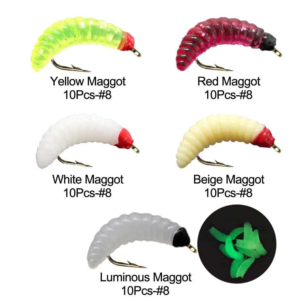 5/10/20Pieces Maggot Fly Fishing Wet Trout Flies Worm Bait for Trout Perch Bass Fishing Fly Insect Lures