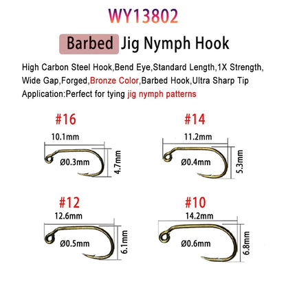 Vampfly 50pcs/Pack Barbed and Barbless Fishing Fly Tying Hook Nymphs Pupa Egg Fly Dry Fly Wet Fly Hook 60° Angle Jig Nymph Hook