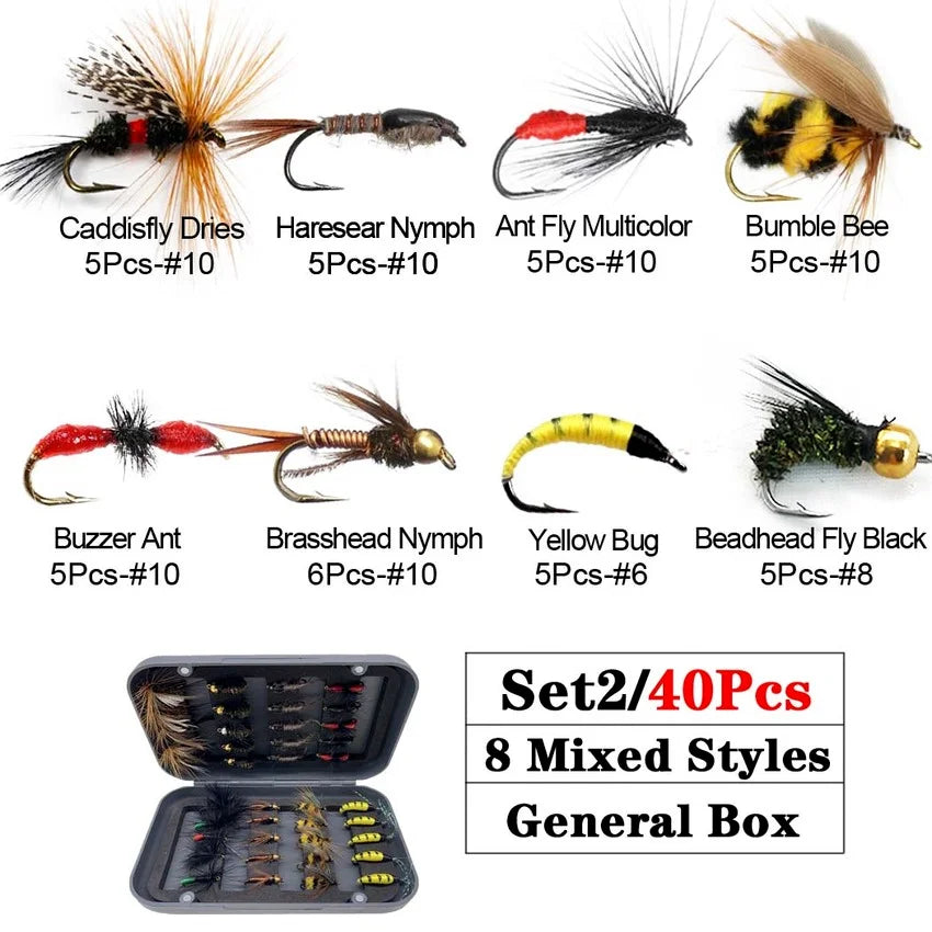 Trout Fly Fishing Flies Collection 32-112Pcs Flies Dry Wet Nymph Streamers Fly Assortment with Fly Box Flyfishing Fly Lures Kits