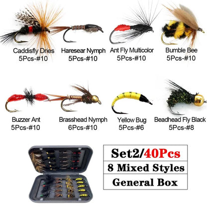 Trout Fly Fishing Flies Collection 32-112Pcs Flies Dry Wet Nymph Streamers Fly Assortment with Fly Box Flyfishing Fly Lures Kits