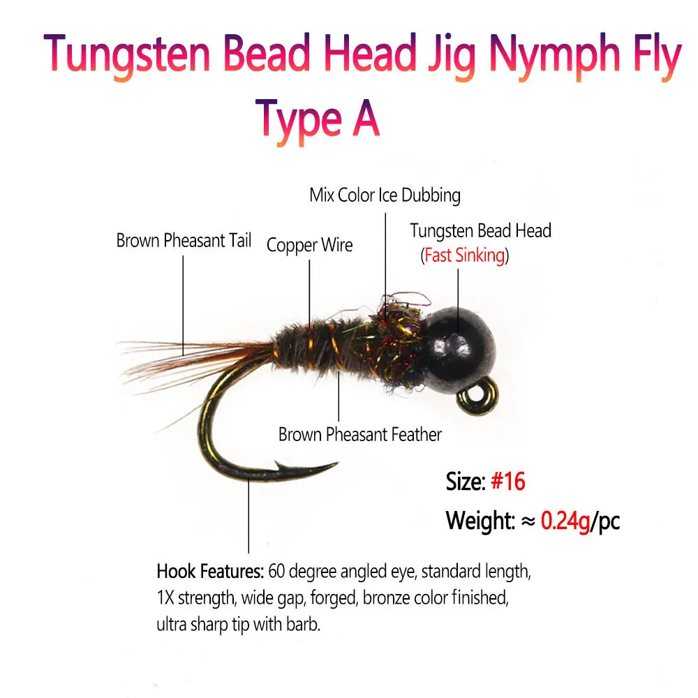 Bimoo 6PCS #16 Barbed Tungsten Bead Head Jig Nymph Fly Pheasant Tail Fast Sinking Wet Euro Nymph Fly Trout Fishing Lures Baits