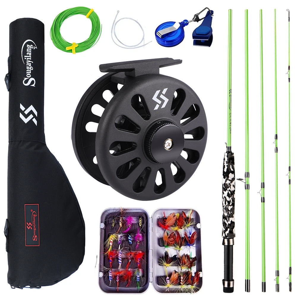 Sougayilang Fly Fishing Rod and Reel Full Kit 5sections Carbon Fly Fishing Rod and 5/6 Reel Perch Fly Fishing Suitable for Pesca