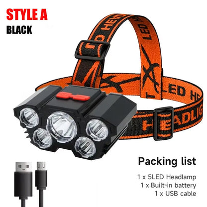 5 LED Flashlight Rechargeable with Built in Lithium Battery Strong Head Light Camping Adventure Fishing Cycling Headlamp