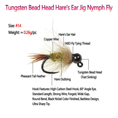 Bimoo 6pcs #14 Tungsten Bead Head Hare's Ear Jig Nymph Fly Barbless Fast Sinking Wet Euro Nymph Fly Trout Fishing Lures Baits
