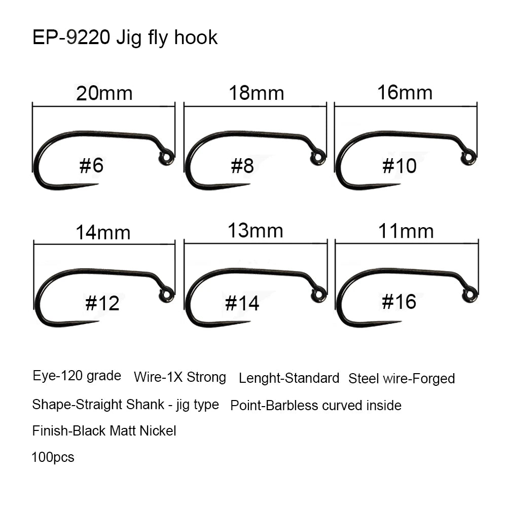 Eupheng 50pcs Competition Barbless Fly Fishing Hook Tying Materails Dry Nymph Shirmp Wet Caddis Fly Hook Black Nickle