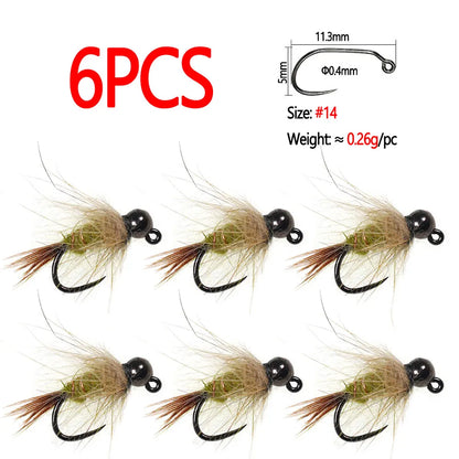 Bimoo 6pcs #14 Tungsten Bead Head Hare's Ear Jig Nymph Fly Barbless Fast Sinking Wet Euro Nymph Fly Trout Fishing Lures Baits