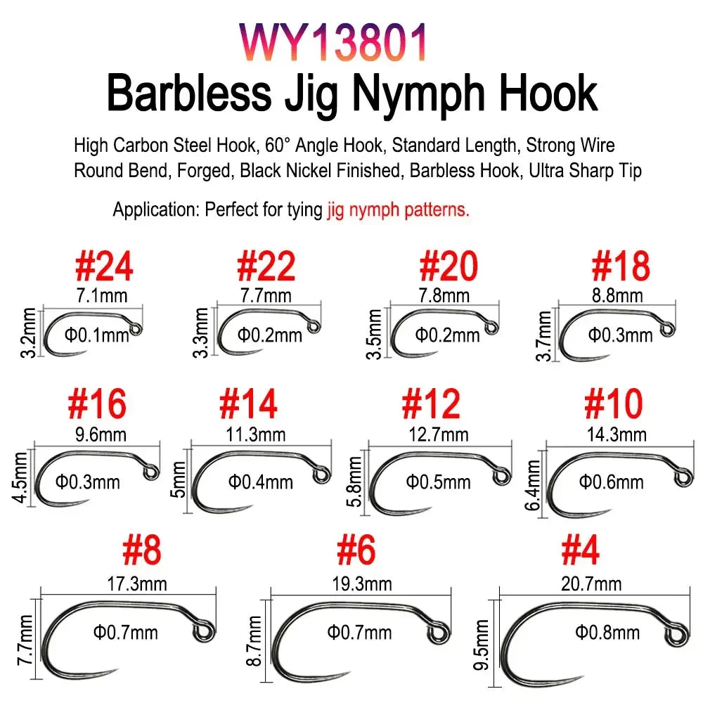 Vampfly 50pcs/Pack Barbed and Barbless Fishing Fly Tying Hook Nymphs Pupa Egg Fly Dry Fly Wet Fly Hook 60° Angle Jig Nymph Hook