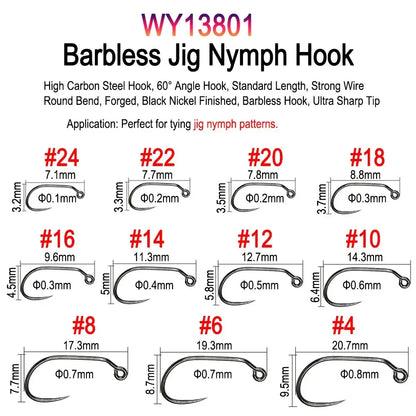 Vampfly 50pcs/Pack Barbed and Barbless Fishing Fly Tying Hook Nymphs Pupa Egg Fly Dry Fly Wet Fly Hook 60° Angle Jig Nymph Hook