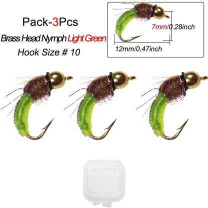 1/3Pcs/Box #10 Fishing Accessories Brass Bead Head Sinking Nymph Scud Fly Worm Trout Fishing Flies Artificial Insect Bait Lure