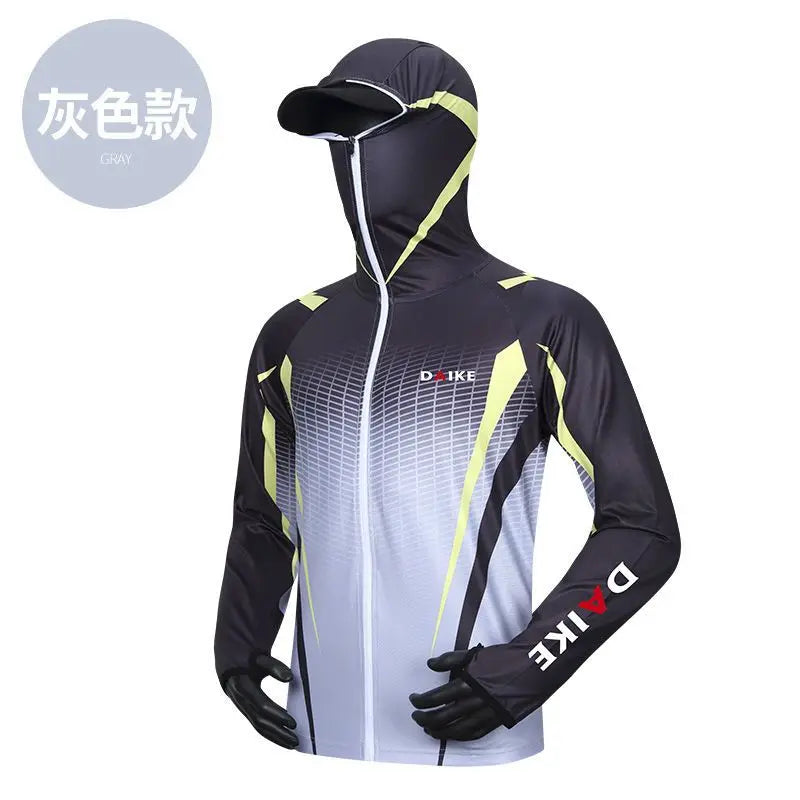 New Summer Men's Fishing Clothing Mosquito Protection and UV Protection, New Ice Silk Hooded Fishing Jacket and Pants 2pcs Set