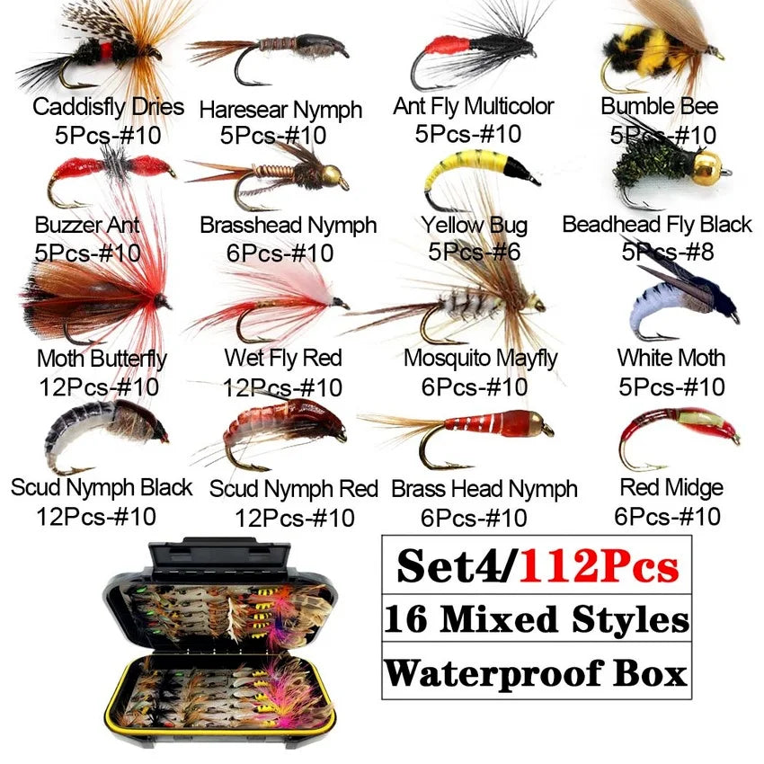 Trout Fly Fishing Flies Collection 32-112Pcs Flies Dry Wet Nymph Streamers Fly Assortment with Fly Box Flyfishing Fly Lures Kits