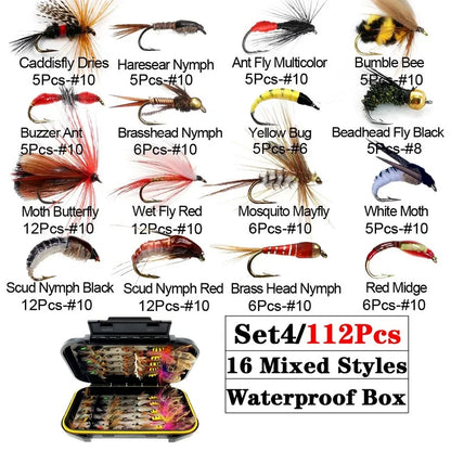 Trout Fly Fishing Flies Collection 32-112Pcs Flies Dry Wet Nymph Streamers Fly Assortment with Fly Box Flyfishing Fly Lures Kits