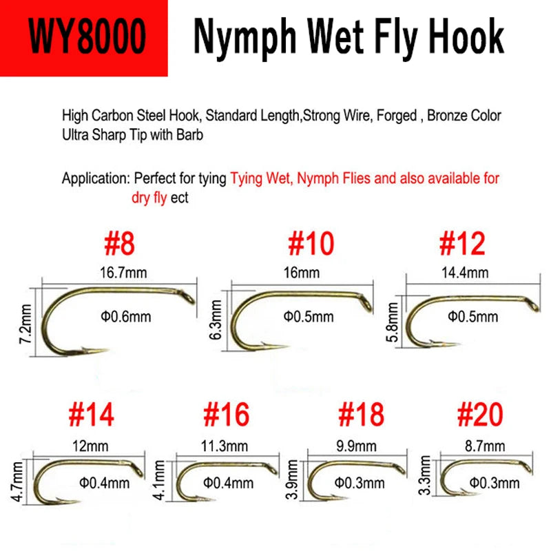 WIFREO 50pcs High Carbon Steel Fly Fishing Hooks 8#~22# Dry&Wet&Nymph&Shrimp Caddis Pupa Streamer Fly Tying Hooks