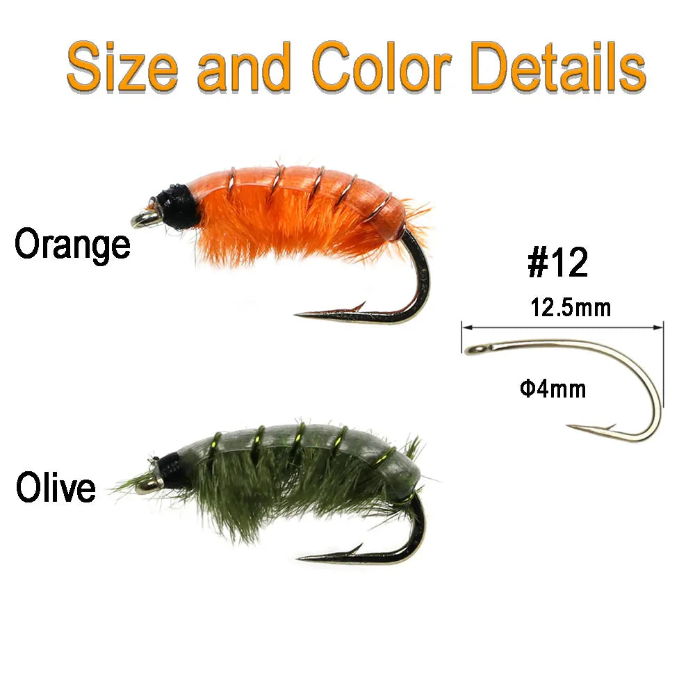 Vampfly 6pcs 12# Olive Orange Scud Nymph Fly Tying On Barbed Hook For Trout Fishing Lures