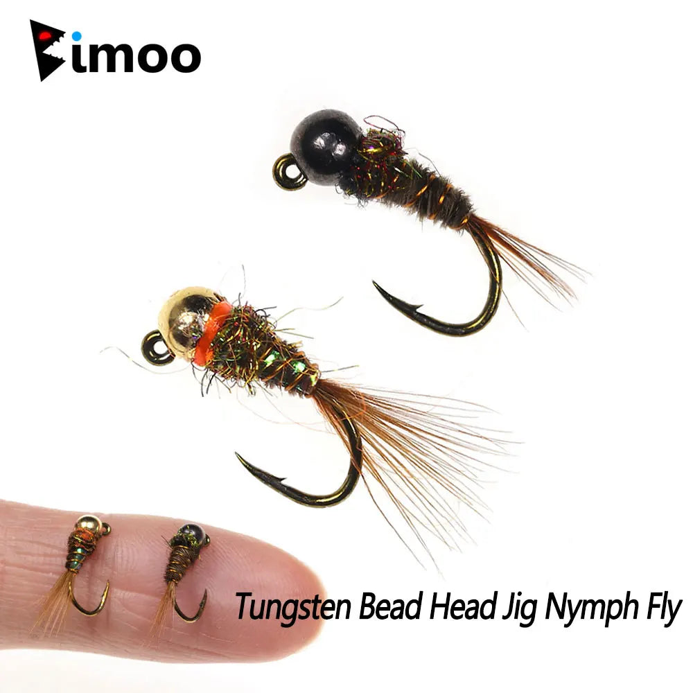 Bimoo 6PCS #16 Barbed Tungsten Bead Head Jig Nymph Fly Pheasant Tail Fast Sinking Wet Euro Nymph Fly Trout Fishing Lures Baits