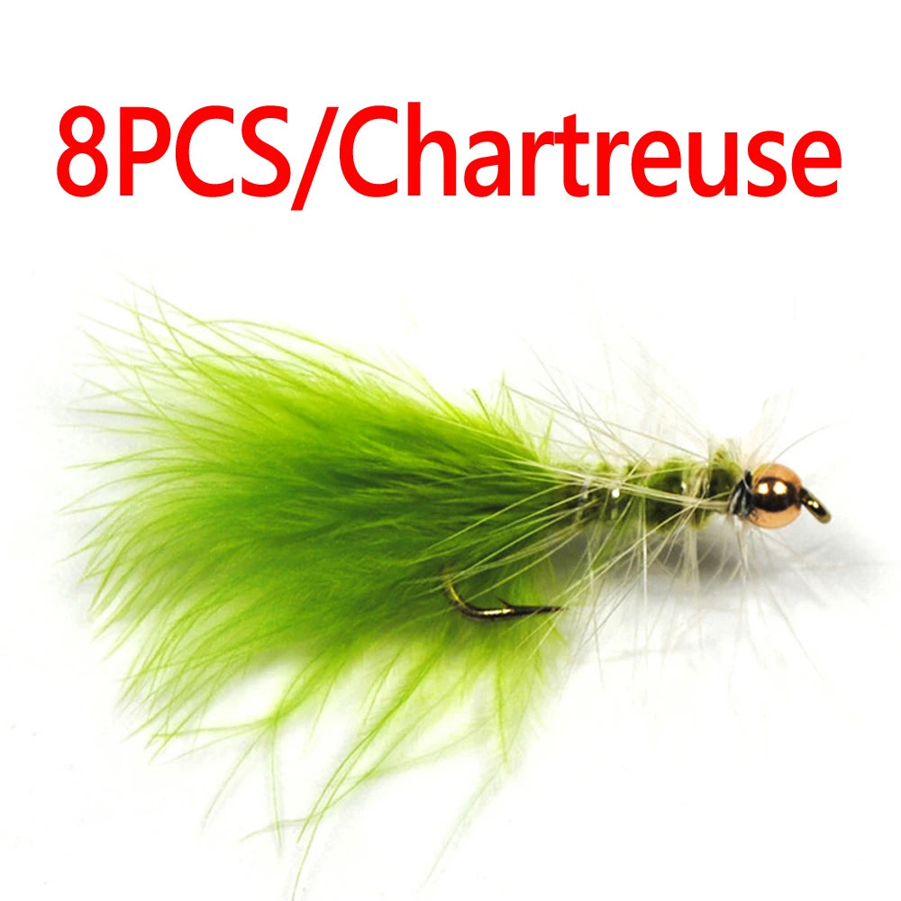 Wifreo 8PCS #10 Brass Gold Bead Head Chartreuse Green Streamer Fly for Trout Fly Fishing Flies Chartreuse Olive Orange Color