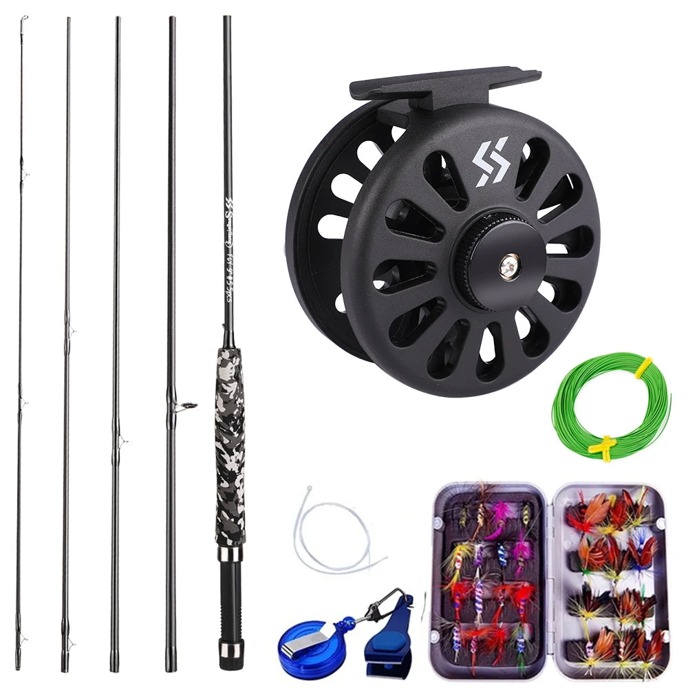 Sougayilang Fly Fishing Rod and Reel Full Kit 5sections Carbon Fly Fishing Rod and 5/6 Reel Perch Fly Fishing Suitable for Pesca