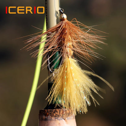 ICERIO 6PCS Brass Bead Head Wooly Bugger Streamers Fishing Fly Lures Olive Red Black Saltwater Fly Tying Hook Trout Flies Bait