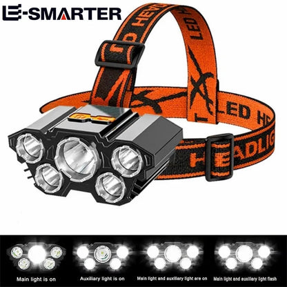 5 LED Flashlight Rechargeable with Built in Lithium Battery Strong Head Light Camping Adventure Fishing Cycling Headlamp