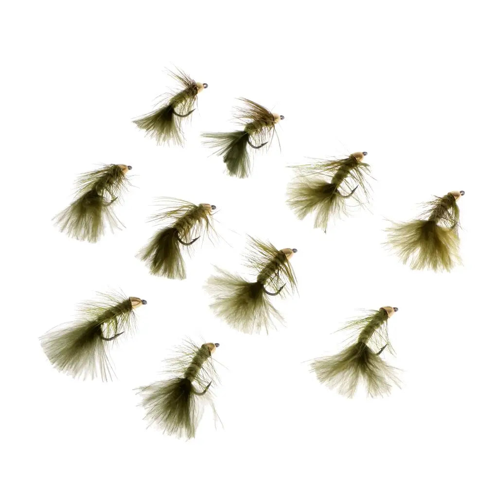 10pcs 1.8'' Olive Wooly Bugger Flies Bead Head Nymph Flies Insects Wet Flies with Artificial Feathers and Barbed Single Hook