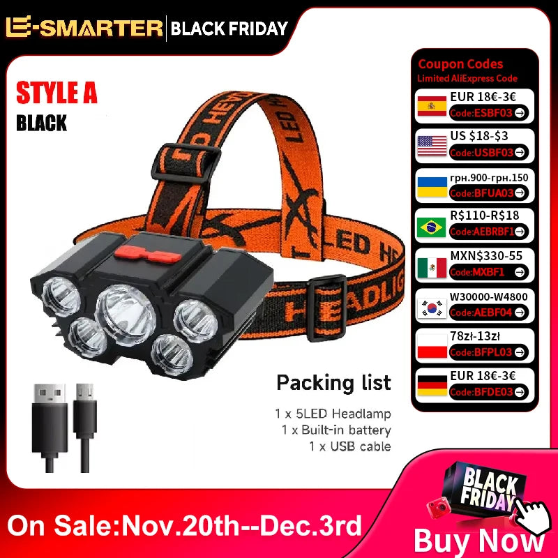 5 LED Flashlight Rechargeable with Built in Lithium Battery Strong Head Light Camping Adventure Fishing Cycling Headlamp
