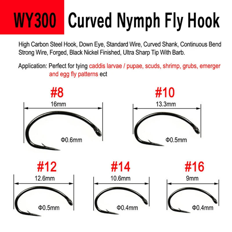 WIFREO 50pcs High Carbon Steel Fly Fishing Hooks 8#~22# Dry&Wet&Nymph&Shrimp Caddis Pupa Streamer Fly Tying Hooks