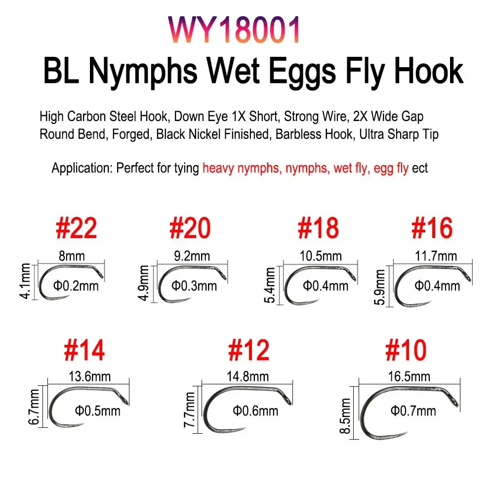 Vampfly 50pcs/Pack Barbed and Barbless Fishing Fly Tying Hook Nymphs Pupa Egg Fly Dry Fly Wet Fly Hook 60° Angle Jig Nymph Hook