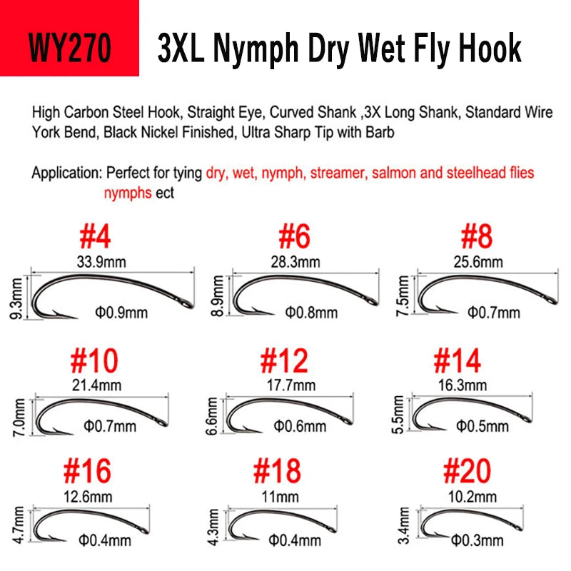 WIFREO 50pcs High Carbon Steel Fly Fishing Hooks 8#~22# Dry&Wet&Nymph&Shrimp Caddis Pupa Streamer Fly Tying Hooks