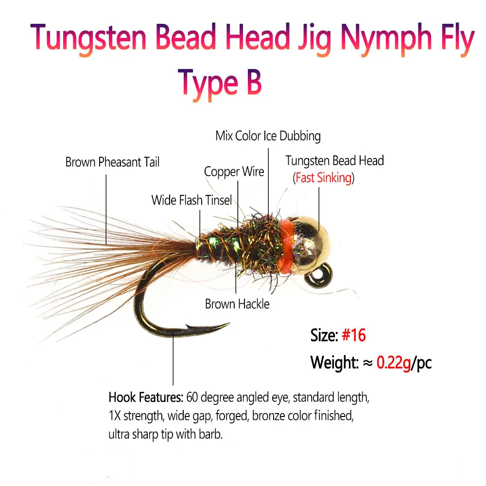 Bimoo 6PCS #16 Barbed Tungsten Bead Head Jig Nymph Fly Pheasant Tail Fast Sinking Wet Euro Nymph Fly Trout Fishing Lures Baits