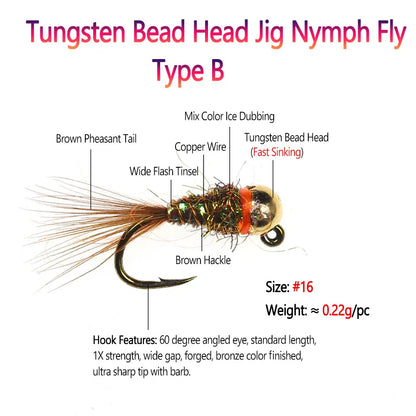 Bimoo 6PCS #16 Barbed Tungsten Bead Head Jig Nymph Fly Pheasant Tail Fast Sinking Wet Euro Nymph Fly Trout Fishing Lures Baits