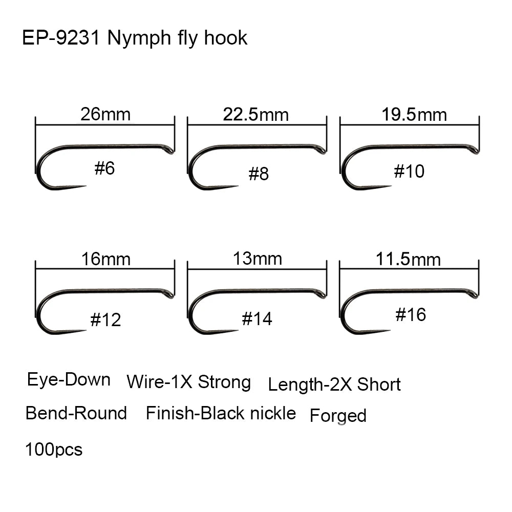 Eupheng 50pcs Competition Barbless Fly Fishing Hook Tying Materails Dry Nymph Shirmp Wet Caddis Fly Hook Black Nickle