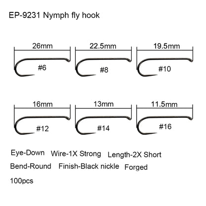 Eupheng 50pcs Competition Barbless Fly Fishing Hook Tying Materails Dry Nymph Shirmp Wet Caddis Fly Hook Black Nickle