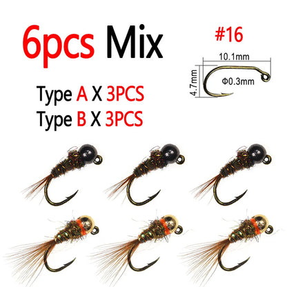 Bimoo 6PCS #16 Barbed Tungsten Bead Head Jig Nymph Fly Pheasant Tail Fast Sinking Wet Euro Nymph Fly Trout Fishing Lures Baits