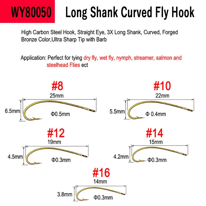 WIFREO 50pcs High Carbon Steel Fly Fishing Hooks 8#~22# Dry&Wet&Nymph&Shrimp Caddis Pupa Streamer Fly Tying Hooks