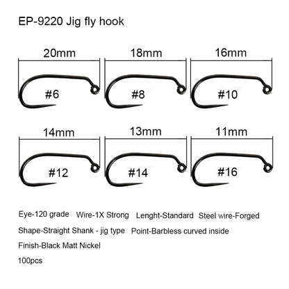 Eupheng 50pcs Competition Barbless Fly Fishing Hook Tying Materails Dry Nymph Shirmp Wet Caddis Fly Hook Black Nickle