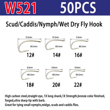 Vampfly 50pcs Barbed Fishing Fly Hook Nymphs Pupa Egg Fly Dry Fly Wet Fly Jig Nymph Hook Caddis Streamer Fly Tying Hook