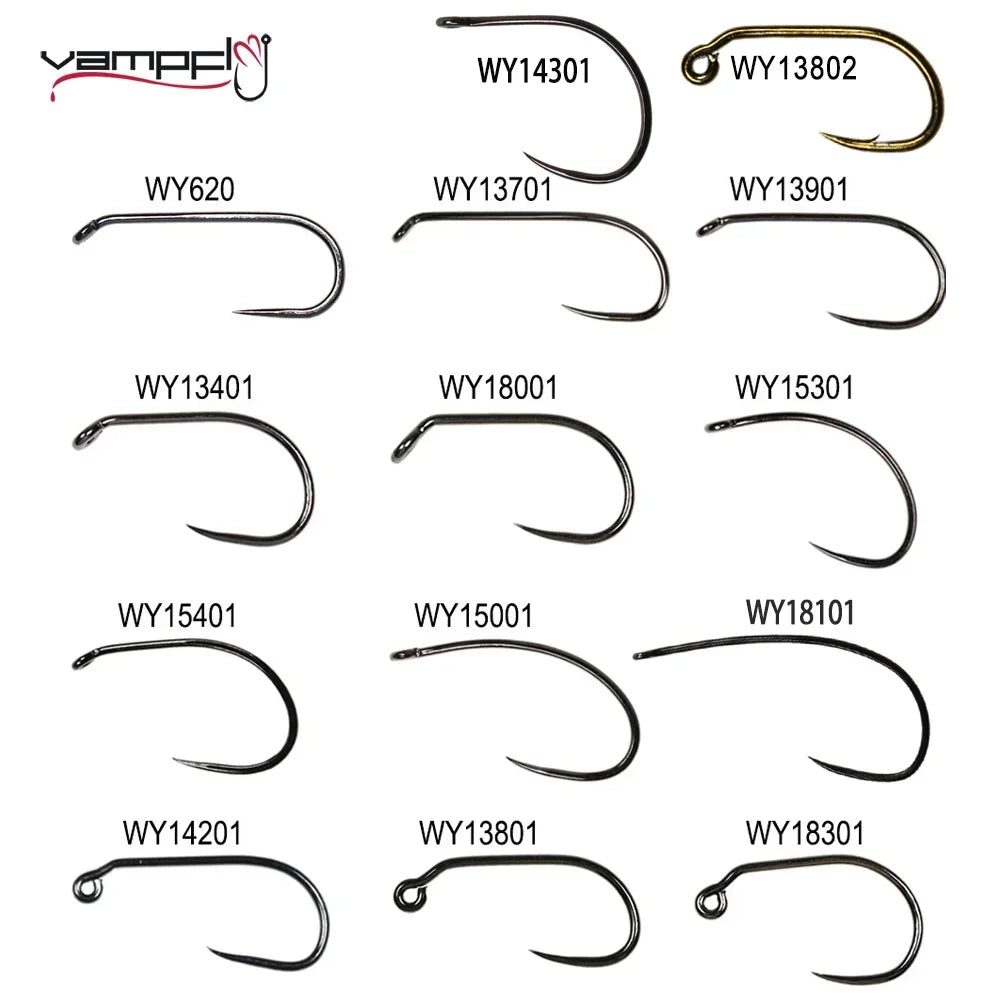 Vampfly 50pcs/Pack Barbed and Barbless Fishing Fly Tying Hook Nymphs Pupa Egg Fly Dry Fly Wet Fly Hook 60° Angle Jig Nymph Hook