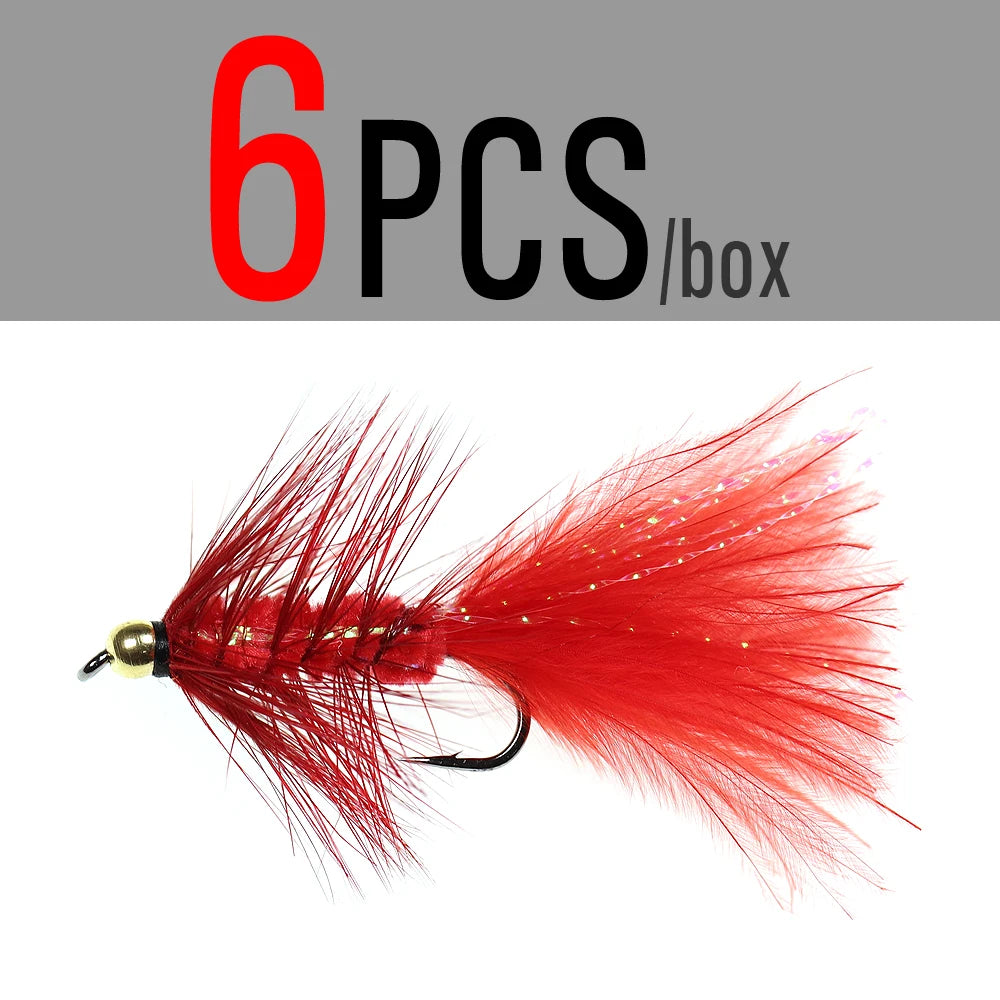 ICERIO 6PCS Brass Bead Head Wooly Bugger Streamers Fishing Fly Lures Olive Red Black Saltwater Fly Tying Hook Trout Flies Bait