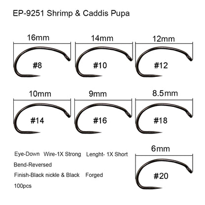 Eupheng 50pcs Competition Barbless Fly Fishing Hook Tying Materails Dry Nymph Shirmp Wet Caddis Fly Hook Black Nickle