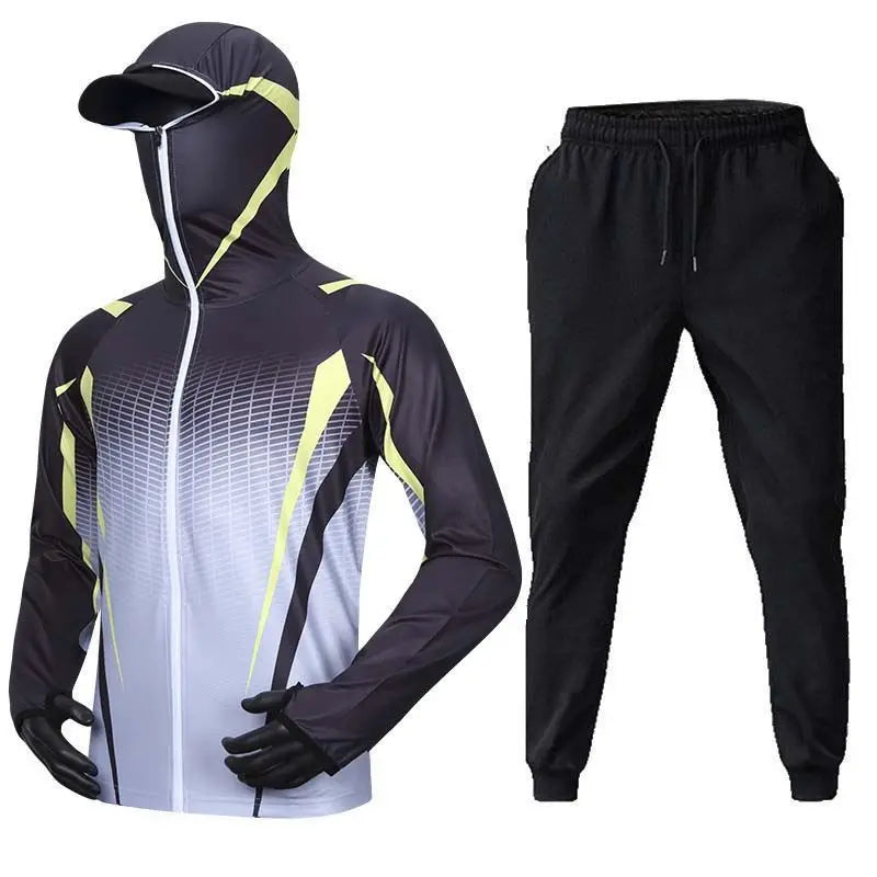 New Summer Men's Fishing Clothing Mosquito Protection and UV Protection, New Ice Silk Hooded Fishing Jacket and Pants 2pcs Set